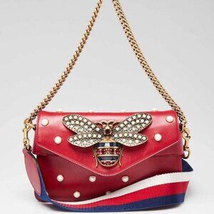 Gucci Red Leather Pearl Studded Mini Broadway Bee Shoulder Bag